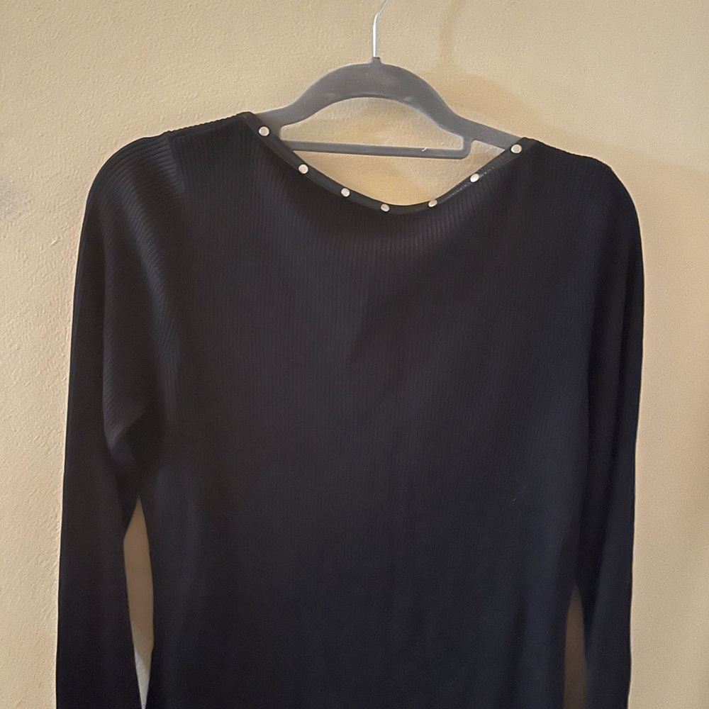 August Silk Black Ribbed Long Sleeve Top with Embellished Neckline - Picture 3 of 4